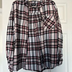 Express Womens Casual Plaid Flannel Shirt in Pink and Black